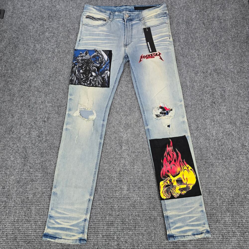 Rockstar Original Drake Patchwork Jeans Mens 34x34 Blue Distressed Skull NWT